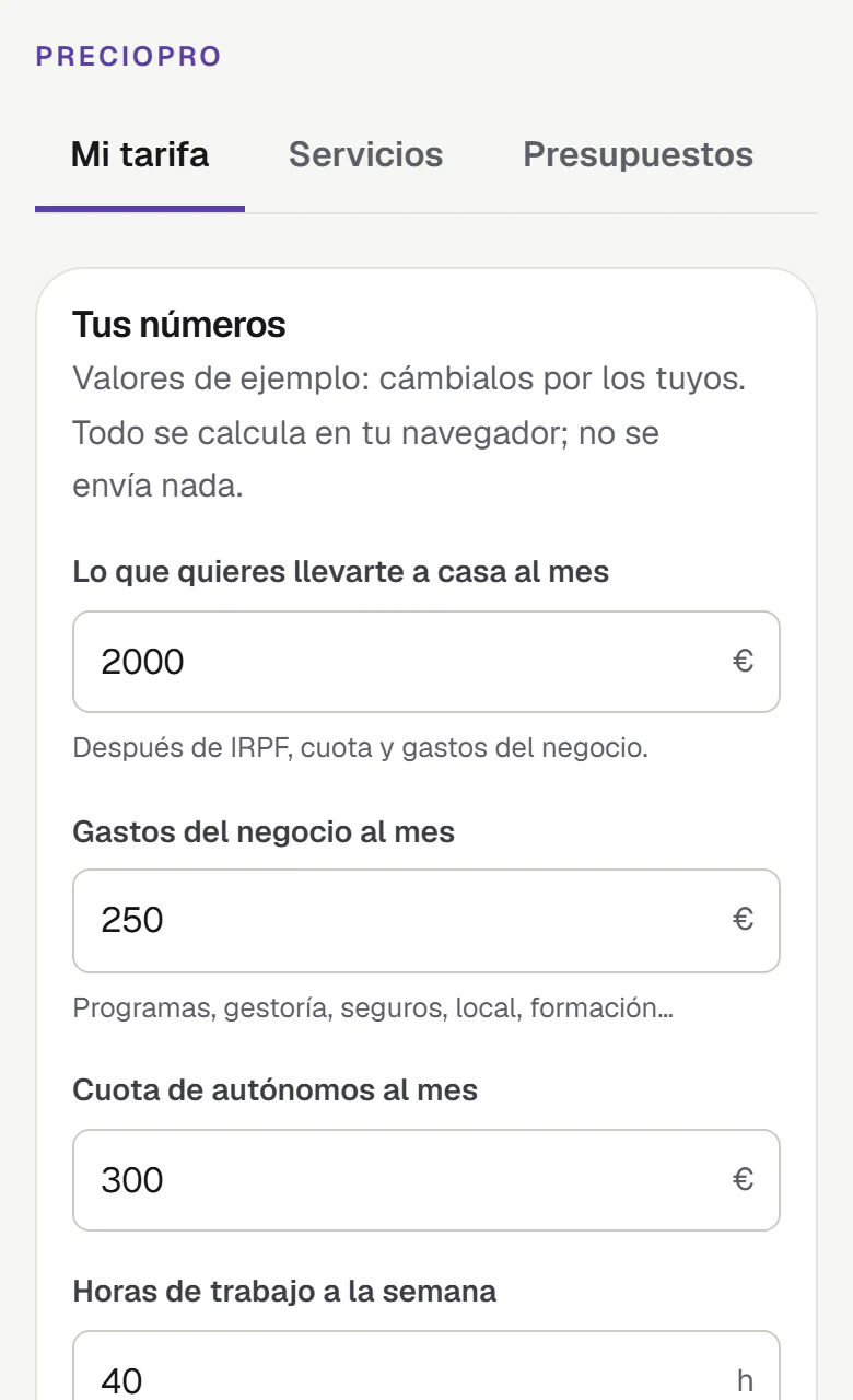 Pestaña Mi tarifa de PrecioPro con datos de ejemplo: la tarifa recomendada por hora y por día, la tarifa suelo, las horas facturables al año y de dónde sale la facturación necesaria.