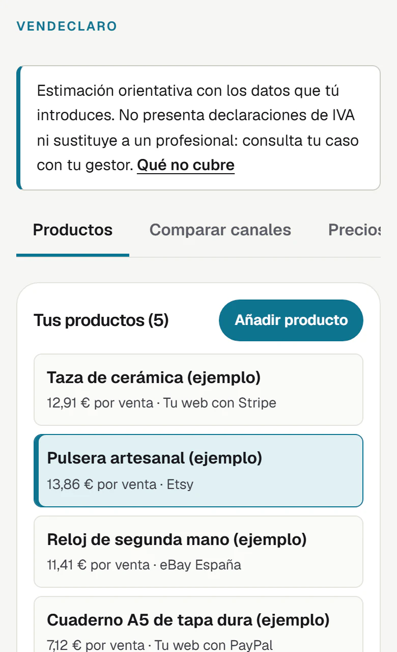 Pestaña Productos de VendeClaro con cinco productos de ejemplo: el beneficio estimado por venta de cada uno y su canal, y el editor de un producto con su precio, descuento y envío. Arriba, el aviso de que es una estimación orientativa.